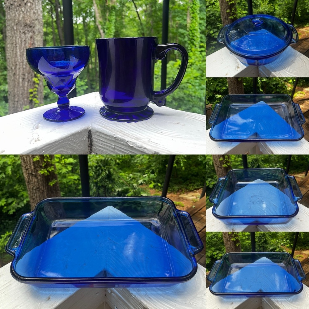 Cobalt Blue Champagne Glass & Mug w/ Anchor Hocking Baking Dishes
